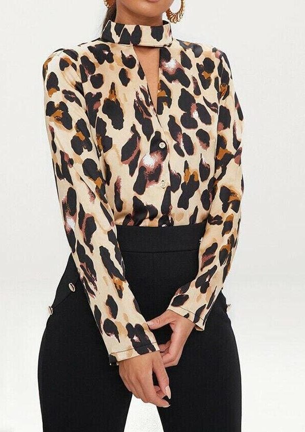 The Best Women Leopard Long Sleeve Halterneck Shirt Casual Loose Tunic Top Button Down Tee Office Ladies Work Shirt Online - Takalr