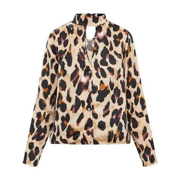 The Best Women Leopard Long Sleeve Halterneck Shirt Casual Loose Tunic Top Button Down Tee Office Ladies Work Shirt Online - Takalr