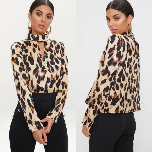 The Best Women Leopard Long Sleeve Halterneck Shirt Casual Loose Tunic Top Button Down Tee Office Ladies Work Shirt Online - Takalr