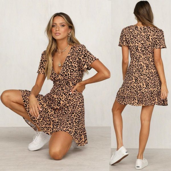 The Best Women Leopard Print Sexy V Neck Dress New Fashion Ladies Summer Beach Short Mini Dress Sundress Casual Short Sleeve Party Dress Online - Takalr