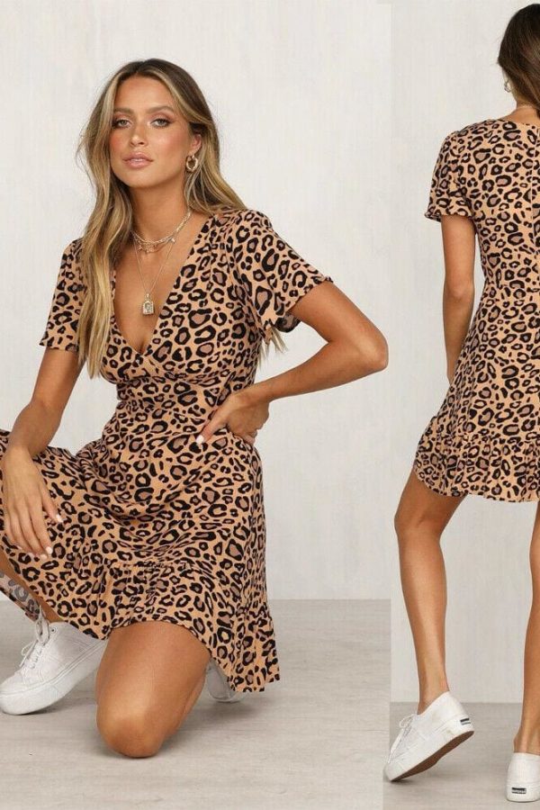 The Best Women Leopard Print Sexy V Neck Dress New Fashion Ladies Summer Beach Short Mini Dress Sundress Casual Short Sleeve Party Dress Online - Takalr