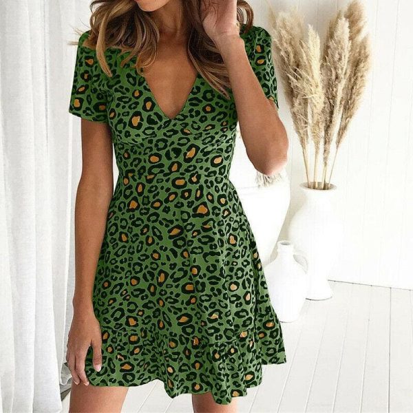 The Best Women Leopard Print Sexy V Neck Dress New Fashion Ladies Summer Beach Short Mini Dress Sundress Casual Short Sleeve Party Dress Online - Takalr