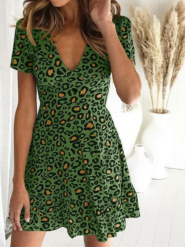 The Best Women Leopard Print Sexy V Neck Dress New Fashion Ladies Summer Beach Short Mini Dress Sundress Casual Short Sleeve Party Dress Online - Takalr