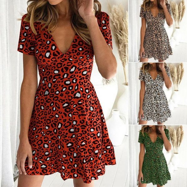 The Best Women Leopard Print Sexy V Neck Dress New Fashion Ladies Summer Beach Short Mini Dress Sundress Casual Short Sleeve Party Dress Online - Takalr