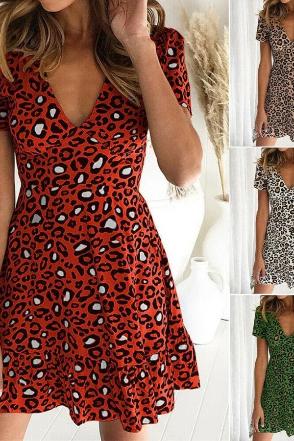 The Best Women Leopard Print Sexy V Neck Dress New Fashion Ladies Summer Beach Short Mini Dress Sundress Casual Short Sleeve Party Dress Online - Takalr