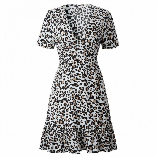 The Best Women Leopard Print Sexy V Neck Dress New Fashion Ladies Summer Beach Short Mini Dress Sundress Casual Short Sleeve Party Dress Online - Takalr