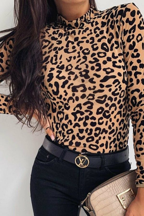 The Best Women Leopard Print Turtleneck Tops Autumn Long Sleeve Slim Basic Ladies T Shirt Party Fashion Korean Tops Female New Online - Takalr