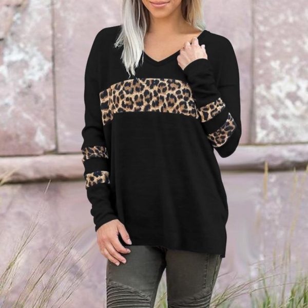 The Best Women Leopard Tops Blouse Shirts Ladies Casual V Neck Loose Pullover Stitching Sweatshirt Tops Online - Takalr