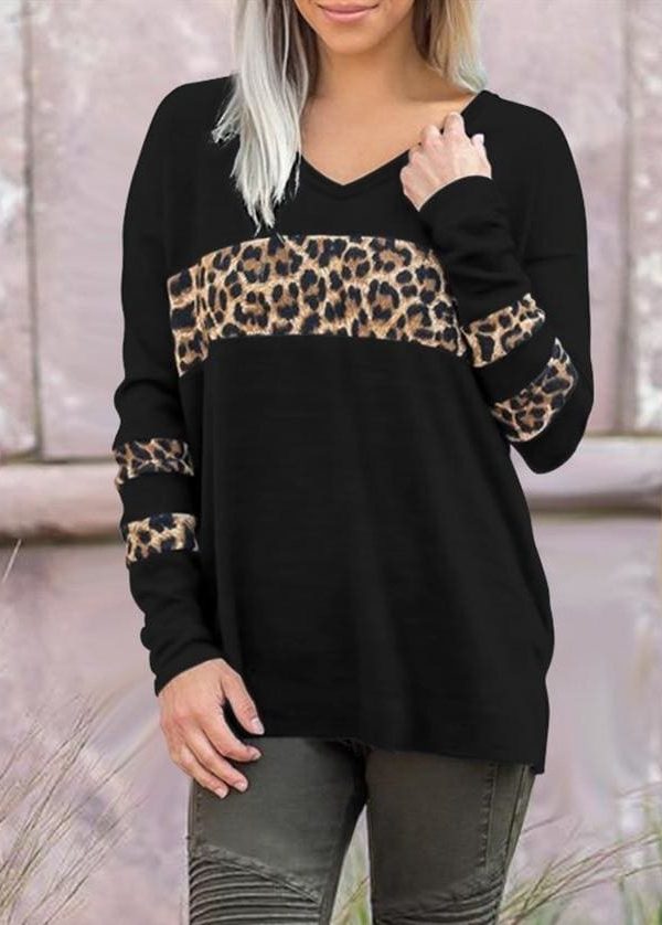 The Best Women Leopard Tops Blouse Shirts Ladies Casual V Neck Loose Pullover Stitching Sweatshirt Tops Online - Takalr