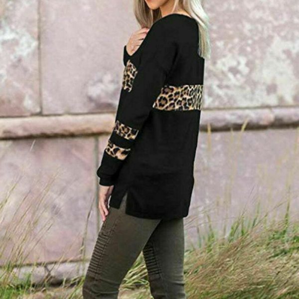 The Best Women Leopard Tops Blouse Shirts Ladies Casual V Neck Loose Pullover Stitching Sweatshirt Tops Online - Takalr