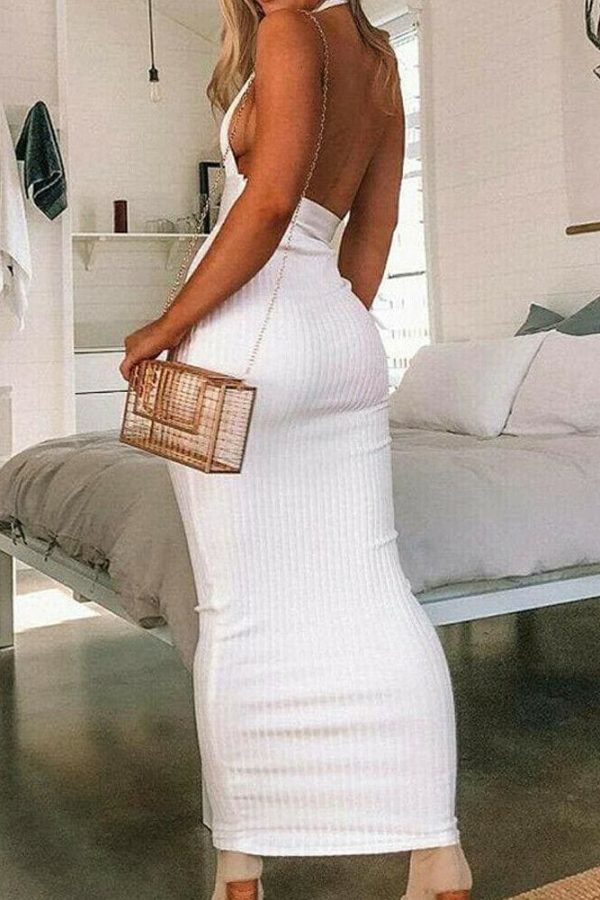 The Best Women Long Dress Ladies Summer Bodycon Backless Sleeveless Deep V Neck Cocktail Party Clubwear Formal Dress Online - Takalr