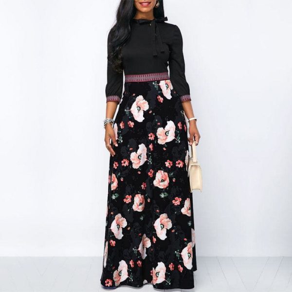 The Best Women Long Maxi Dresses Boho Floral Hollow Neck Three Quarter Sleeve Ethnic Summer Beach Female Stylish Style Dress Online - Takalr