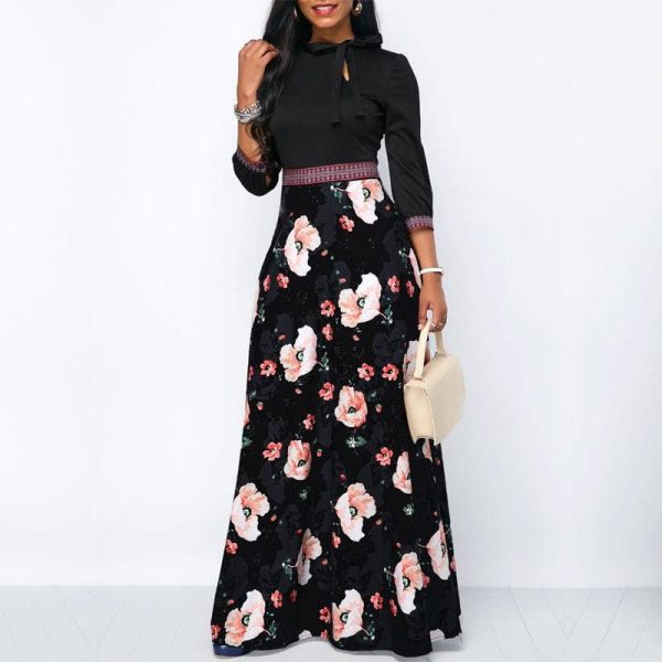 The Best Women Long Maxi Dresses Boho Floral Hollow Neck Three Quarter Sleeve Ethnic Summer Beach Female Stylish Style Dress Online - Takalr