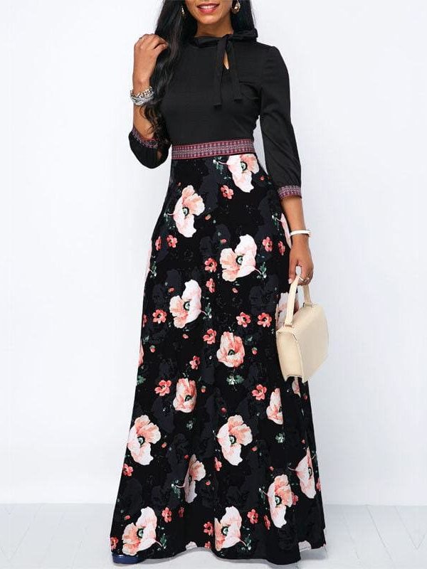 The Best Women Long Maxi Dresses Boho Floral Hollow Neck Three Quarter Sleeve Ethnic Summer Beach Female Stylish Style Dress Online - Takalr