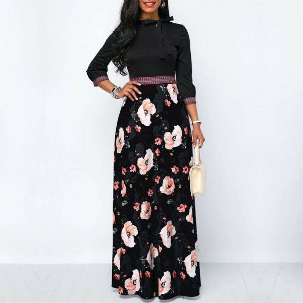 The Best Women Long Maxi Dresses Boho Floral Hollow Neck Three Quarter Sleeve Ethnic Summer Beach Female Stylish Style Dress Online - Takalr