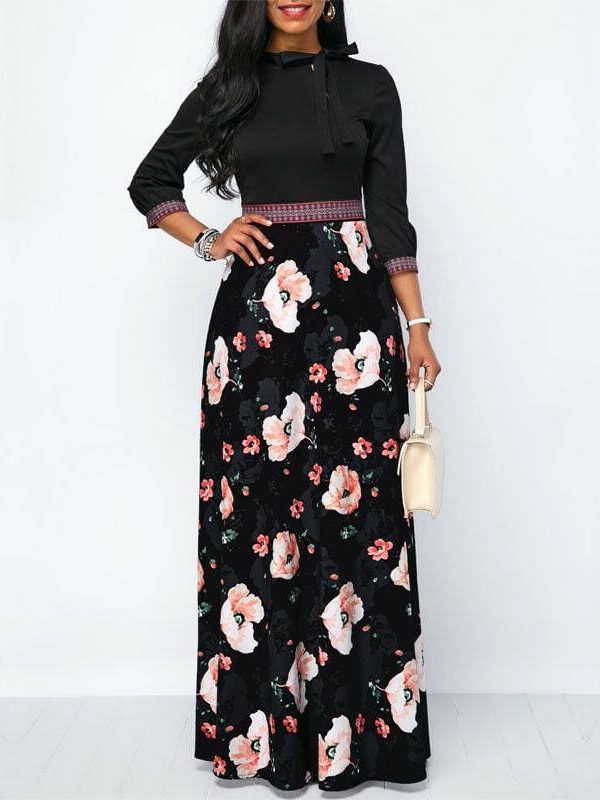 The Best Women Long Maxi Dresses Boho Floral Hollow Neck Three Quarter Sleeve Ethnic Summer Beach Female Stylish Style Dress Online - Takalr