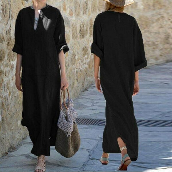 The Best Women Long Maxi Dresses Ladies Half Sleeve Pocket Solid Summer Casual V Neck Split Maxi Dress Vintage Linen Sundress Online - Takalr