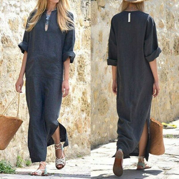 The Best Women Long Maxi Dresses Ladies Half Sleeve Pocket Solid Summer Casual V Neck Split Maxi Dress Vintage Linen Sundress Online - Takalr