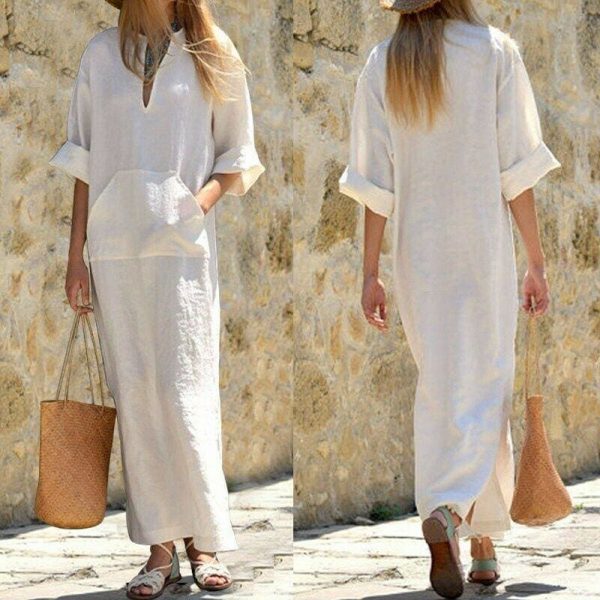 The Best Women Long Maxi Dresses Ladies Half Sleeve Pocket Solid Summer Casual V Neck Split Maxi Dress Vintage Linen Sundress Online - Takalr