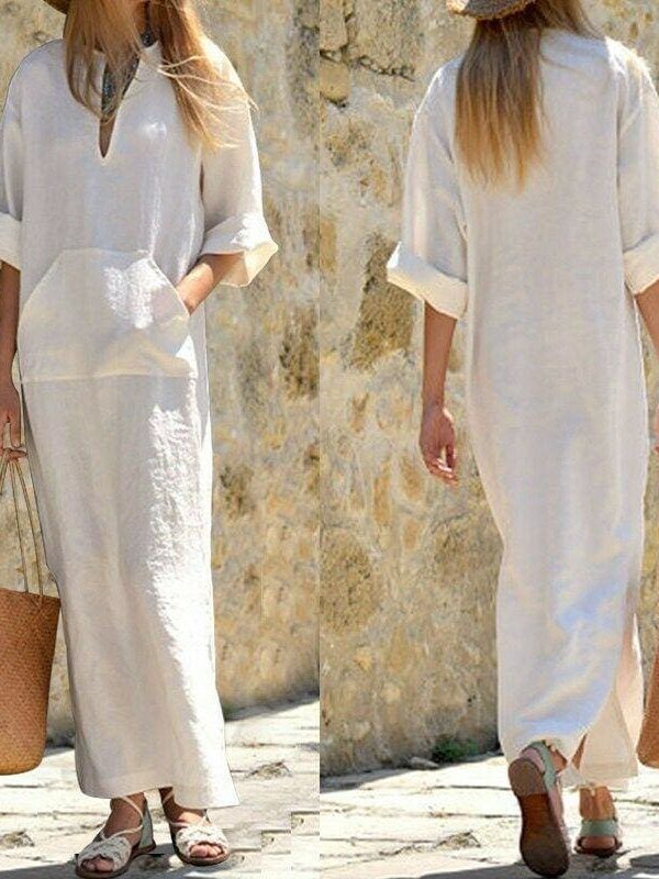 The Best Women Long Maxi Dresses Ladies Half Sleeve Pocket Solid Summer Casual V Neck Split Maxi Dress Vintage Linen Sundress Online - Takalr