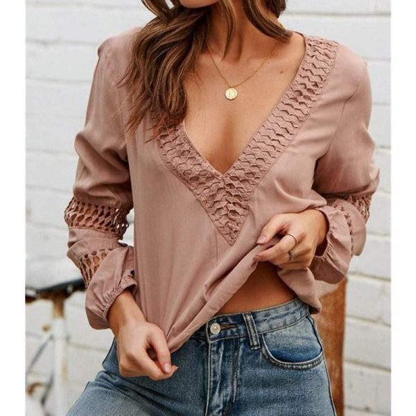 The Best Women Long Sleeve Blouse Shirt Casual Ladies V neck Lace Hollow Out Office Shirts Tops Pullover Tops Streetwear Online - Takalr