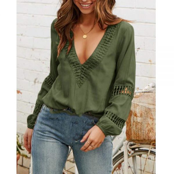 The Best Women Long Sleeve Blouse Shirt Casual Ladies V neck Lace Hollow Out Office Shirts Tops Pullover Tops Streetwear Online - Takalr