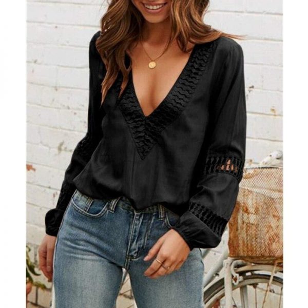 The Best Women Long Sleeve Blouse Shirt Casual Ladies V neck Lace Hollow Out Office Shirts Tops Pullover Tops Streetwear Online - Takalr