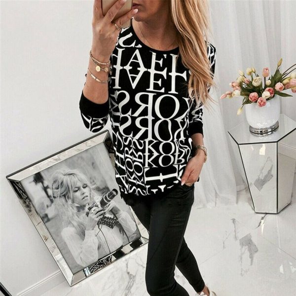 The Best Women Long Sleeve Blouse Shirt Crew Neck Letter Print Pullover Sweatshirt Loose Jumper Casual Autumn Winter Top Online - Takalr