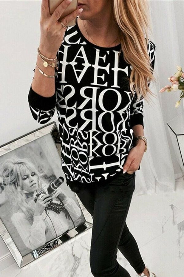 The Best Women Long Sleeve Blouse Shirt Crew Neck Letter Print Pullover Sweatshirt Loose Jumper Casual Autumn Winter Top Online - Takalr