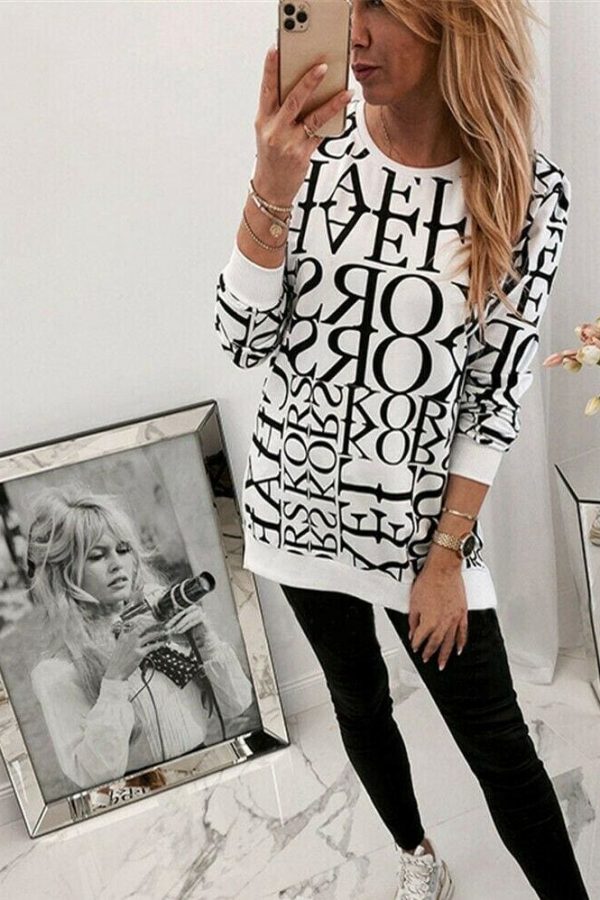 The Best Women Long Sleeve Blouse Shirt Crew Neck Letter Print Pullover Sweatshirt Loose Jumper Casual Autumn Winter Top Online - Takalr