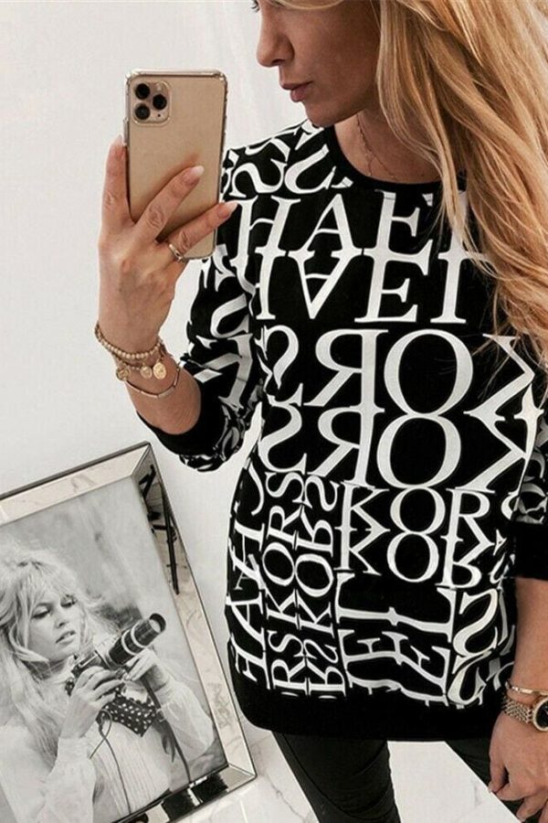 The Best Women Long Sleeve Blouse Shirt Crew Neck Letter Print Pullover Sweatshirt Loose Jumper Casual Autumn Winter Top Online - Takalr