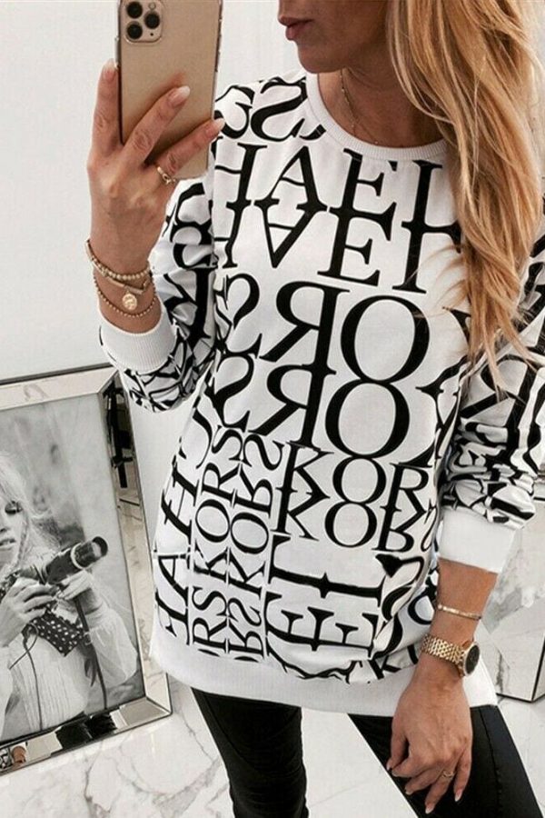 The Best Women Long Sleeve Blouse Shirt Crew Neck Letter Print Pullover Sweatshirt Loose Jumper Casual Autumn Winter Top Online - Takalr