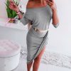 The Best Women Long Sleeve Boho Solid Elegant Sexy Off Shoulder Dress Ladies Summer Sundress Holiday Split Evening Party Gown Dress Online - Takalr