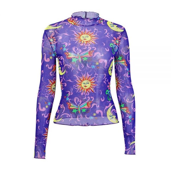 The Best Women Long Sleeve Casual Turtle Neck Tops Transparent Geometry Pullover Polyester T-Shirts Ladies Clothes Online - Takalr