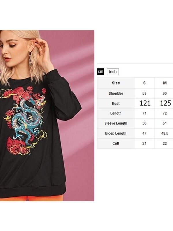 The Best Women Long Sleeve Crew Neck Dragon Print Sweater Sweatshirt Pullover Casual Tops Blouse Shirt Online - Takalr