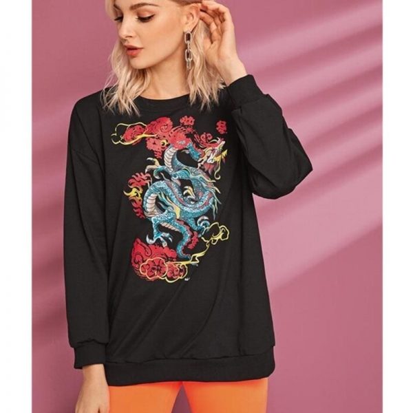 The Best Women Long Sleeve Crew Neck Dragon Print Sweater Sweatshirt Pullover Casual Tops Blouse Shirt Online - Takalr