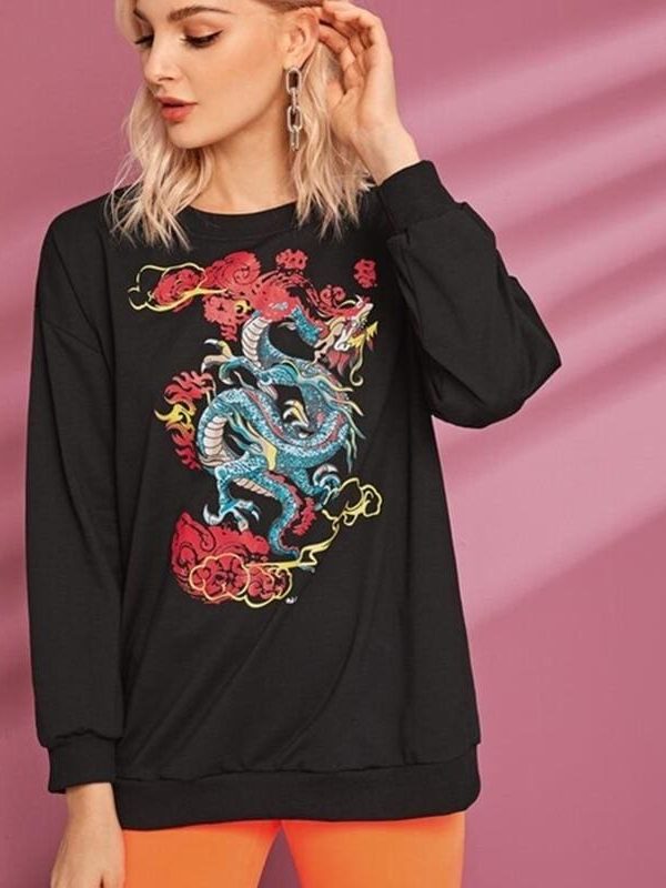 The Best Women Long Sleeve Crew Neck Dragon Print Sweater Sweatshirt Pullover Casual Tops Blouse Shirt Online - Takalr