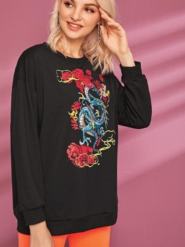 The Best Women Long Sleeve Crew Neck Dragon Print Sweater Sweatshirt Pullover Casual Tops Blouse Shirt Online - Takalr