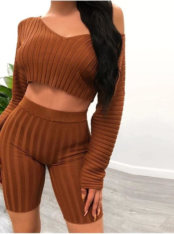 The Best Women Long Sleeve Crop Top and Short Pant Suit Elegant Casual Plain Tight Stretch home wear 2 Piece Set Online - Takalr