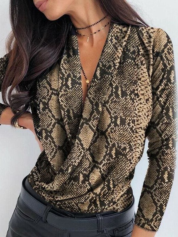 The Best Women Long Sleeve Deep V-neck Shirt Blouses Tops Sexy Criss-cross Snake Skin Shirt Work Business Formal Shirt Outwear Fall Online - Takalr