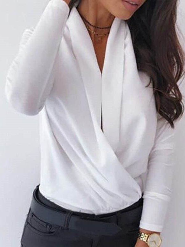 The Best Women Long Sleeve Deep V-neck Shirt Blouses Tops Sexy Criss-cross Snake Skin Shirt Work Business Formal Shirt Outwear Fall Online - Takalr