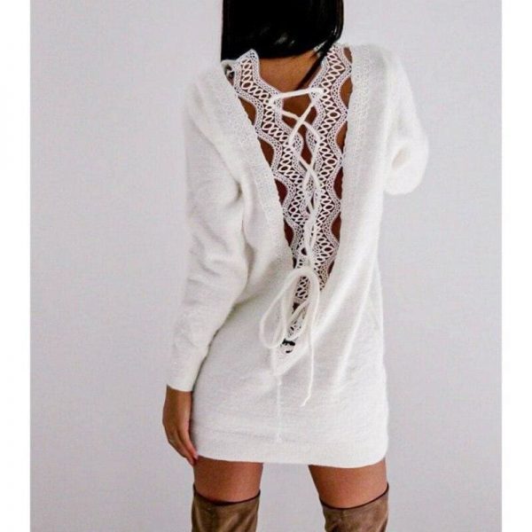 The Best Women Long Sleeve Knitted Sweater Mini Dress Fashion Autumn Winter Lady Backless Party Club Casual Jumper Dress Online - Takalr