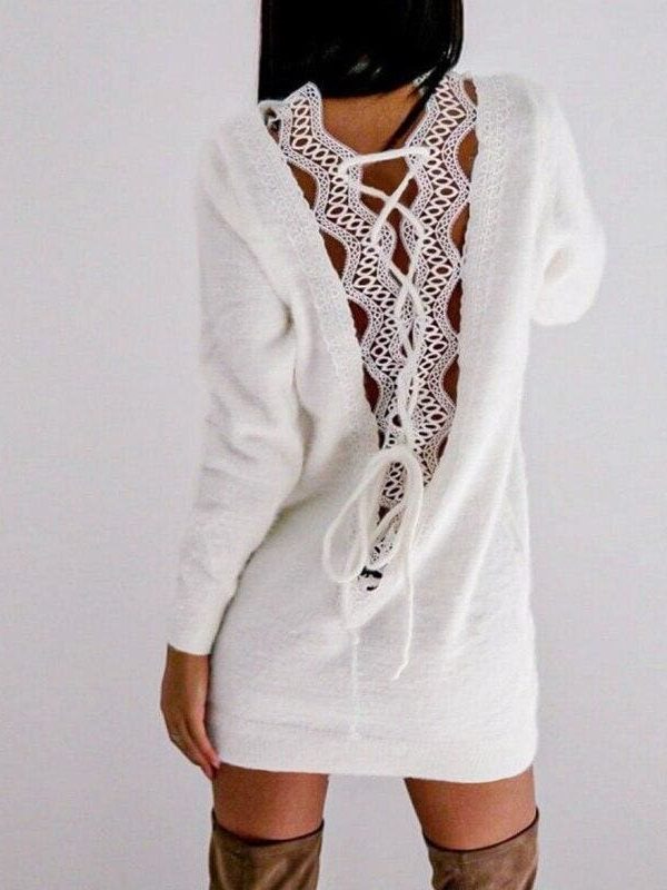 The Best Women Long Sleeve Knitted Sweater Mini Dress Fashion Autumn Winter Lady Backless Party Club Casual Jumper Dress Online - Takalr