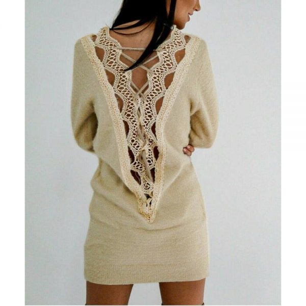 The Best Women Long Sleeve Knitted Sweater Mini Dress Fashion Autumn Winter Lady Backless Party Club Casual Jumper Dress Online - Takalr