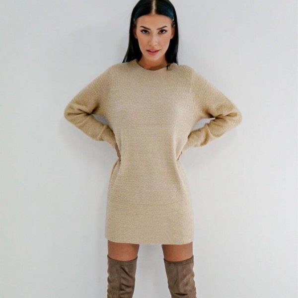 The Best Women Long Sleeve Knitted Sweater Mini Dress Fashion Autumn Winter Lady Backless Party Club Casual Jumper Dress Online - Takalr