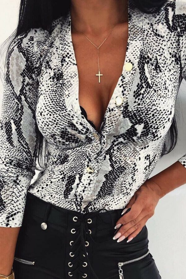 The Best Women Long Sleeve Leopard Skin Prinetd Bodysuit Autumn Casual Jumpsuit Bodysuit Slim V Neck Leotard Tops Fashion Slim Bodysuit Online - Takalr