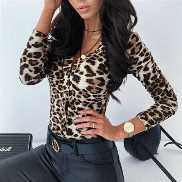 The Best Women Long Sleeve Leopard Skin Prinetd Bodysuit Autumn Casual Jumpsuit Bodysuit Slim V Neck Leotard Tops Fashion Slim Bodysuit Online - Takalr