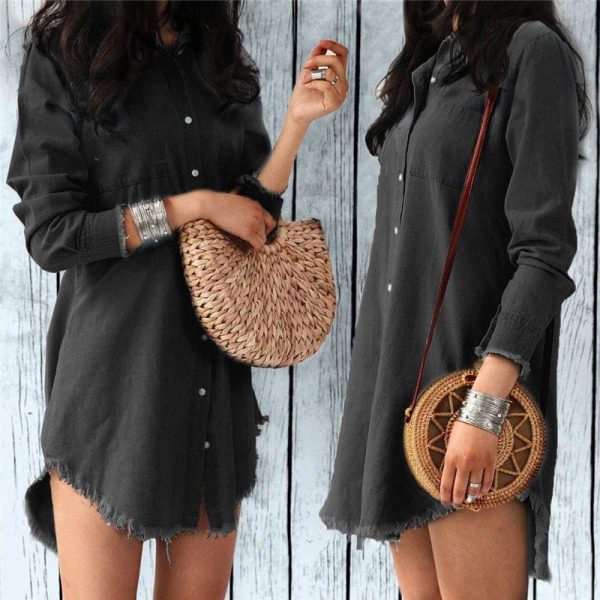 The Best Women Long Sleeve Loose Denim Shirts Turn-down Collar Shirt Dresses Online - Source Silk