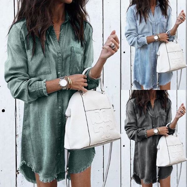 The Best Women Long Sleeve Loose Denim Shirts Turn-down Collar Shirt Dresses Online - Source Silk