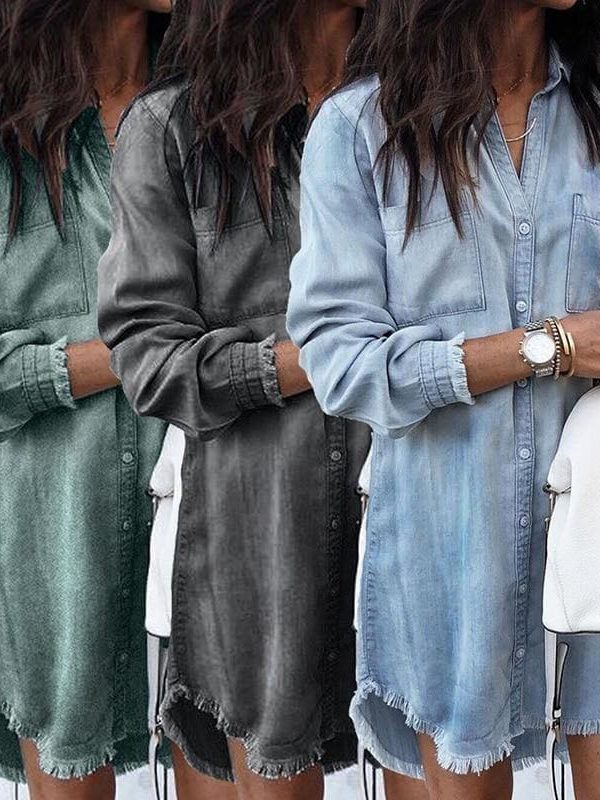 The Best Women Long Sleeve Loose Denim Shirts Turn-down Collar Shirt Dresses Online - Source Silk